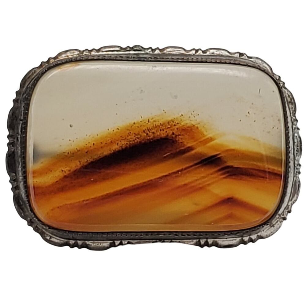 Sterling Silver Banded Landscape Agate Brooch Scenic Natural Stone Pin Scallop